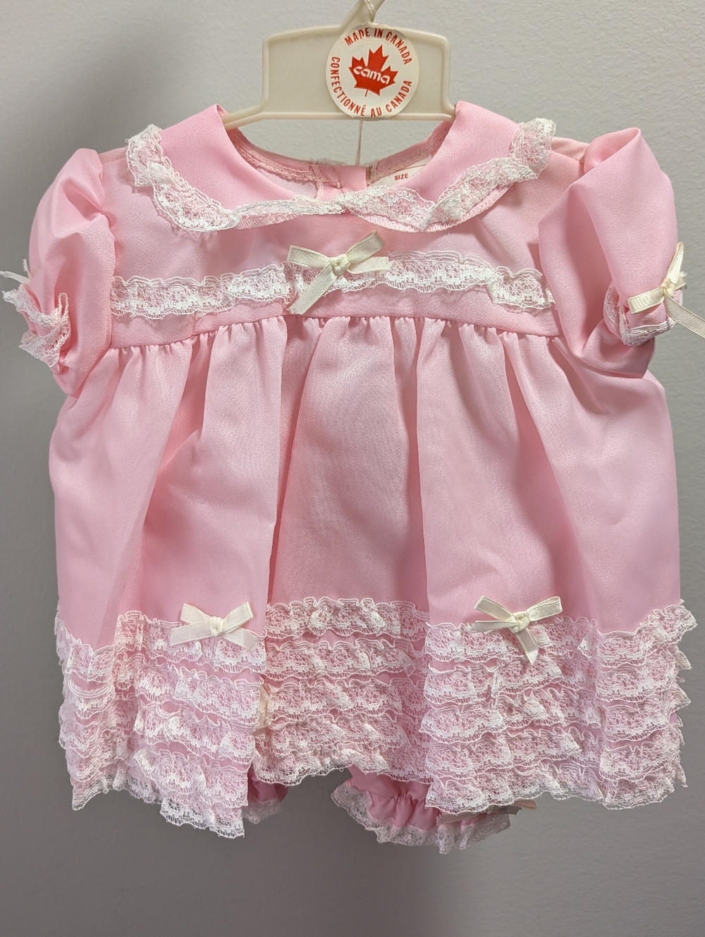 Vtg Pink Lace Baby Dress with Bows